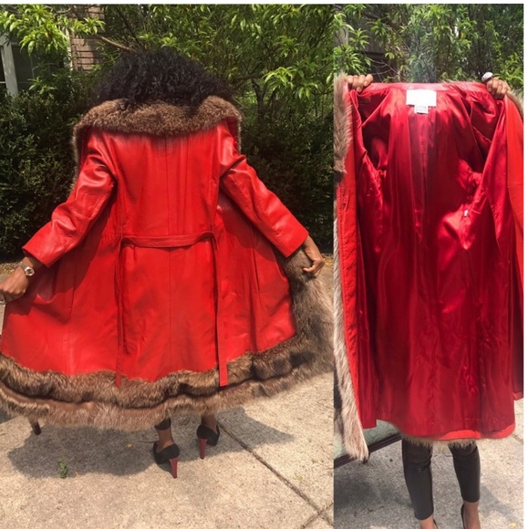 Vtg Designer Samuel Robert Lipstick red leather & Raccoon fur trim Jacket Coat S - Picture 9 of 12